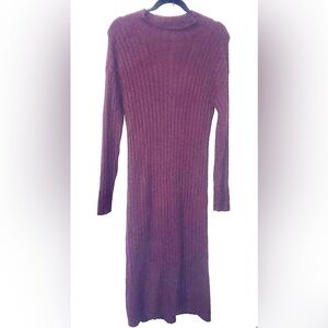 Aerie Maxi Dress Long Sleeve Ribbed‎ Nylon Viscose Fleece Small Burgundy Maroon